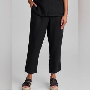 FLAX Black 100% Linen Tapped Leg Side Button Crop Pants Size S Elastic Waist
